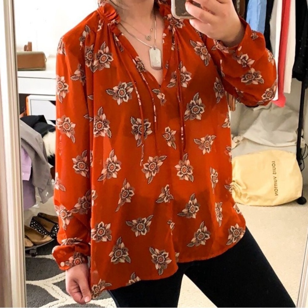 Ann Taylor Loft floral burnt orange sheer long sleeve blouse size small